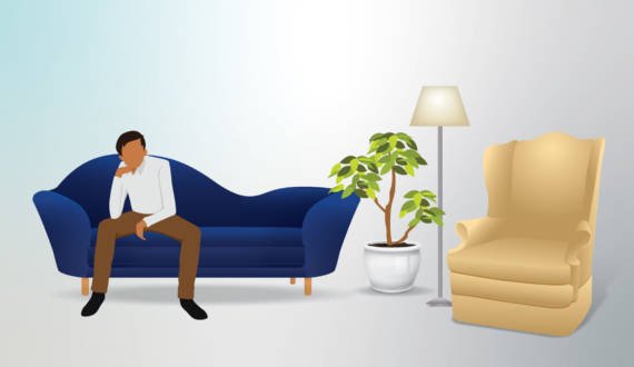 man sitting on couch in living room graphic